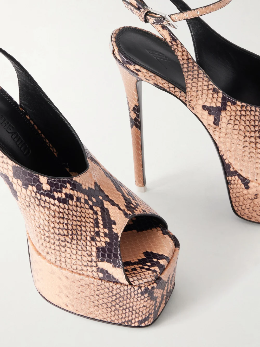 Close-up detail of The Attico Ornella 140 Snake-effect Leather Platform Pumps