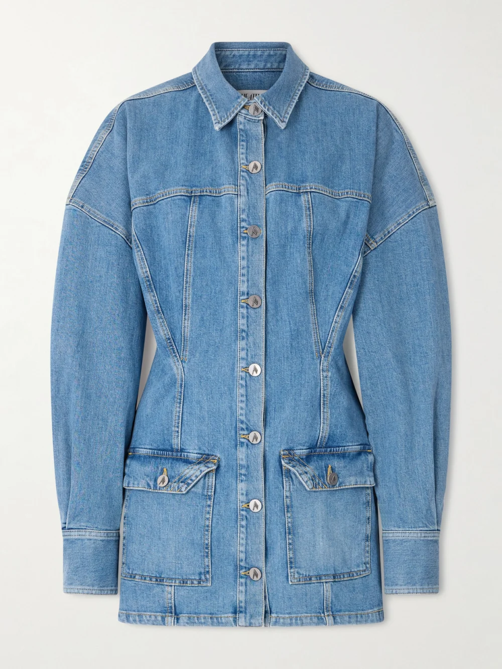 The Attico Paneled Denim Mini Dress in mid denim