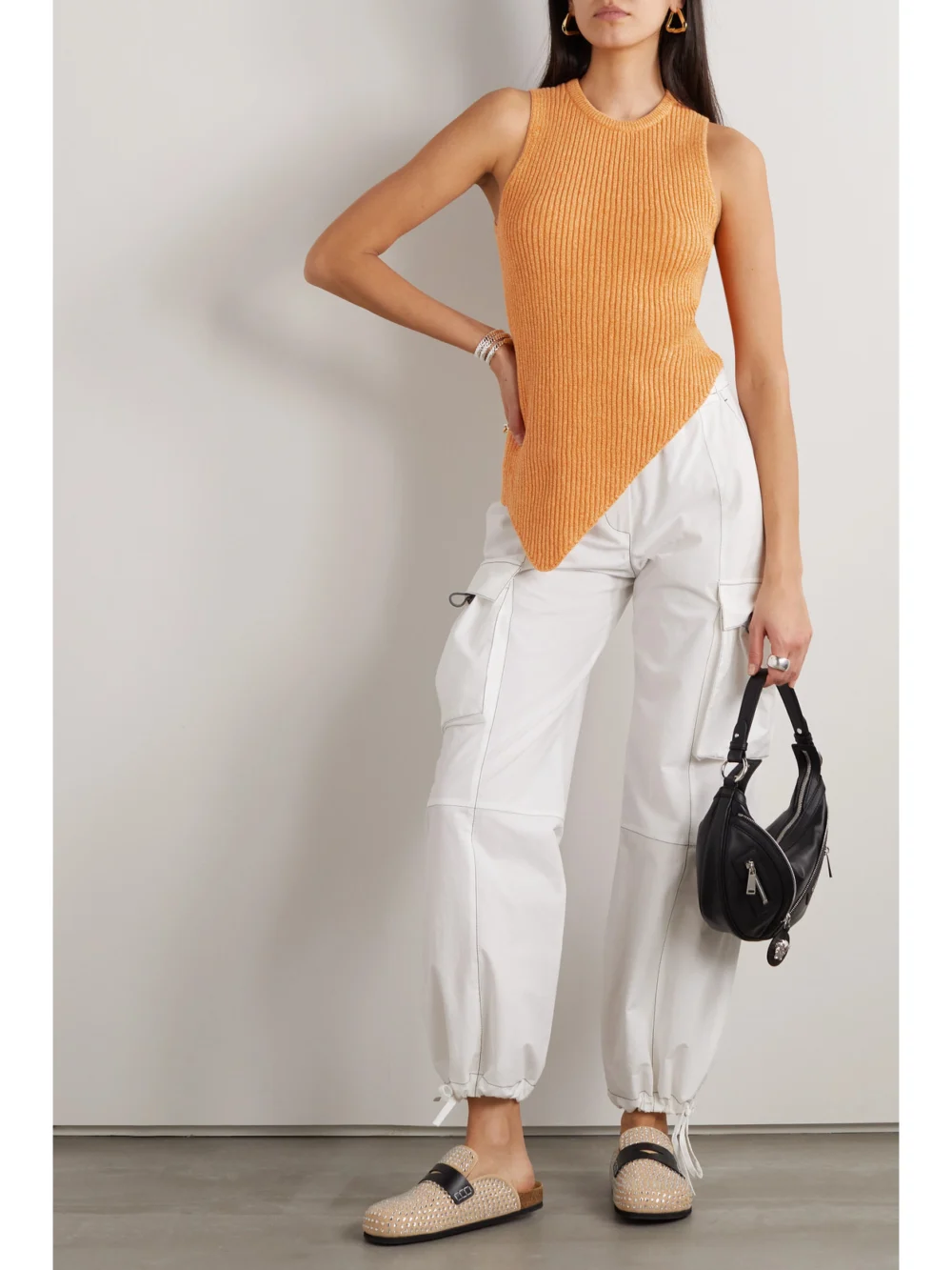 The Elder Statesman Asymmetric Ribbed Organic Cotton and Cashmere-blend Tank, worn by a model