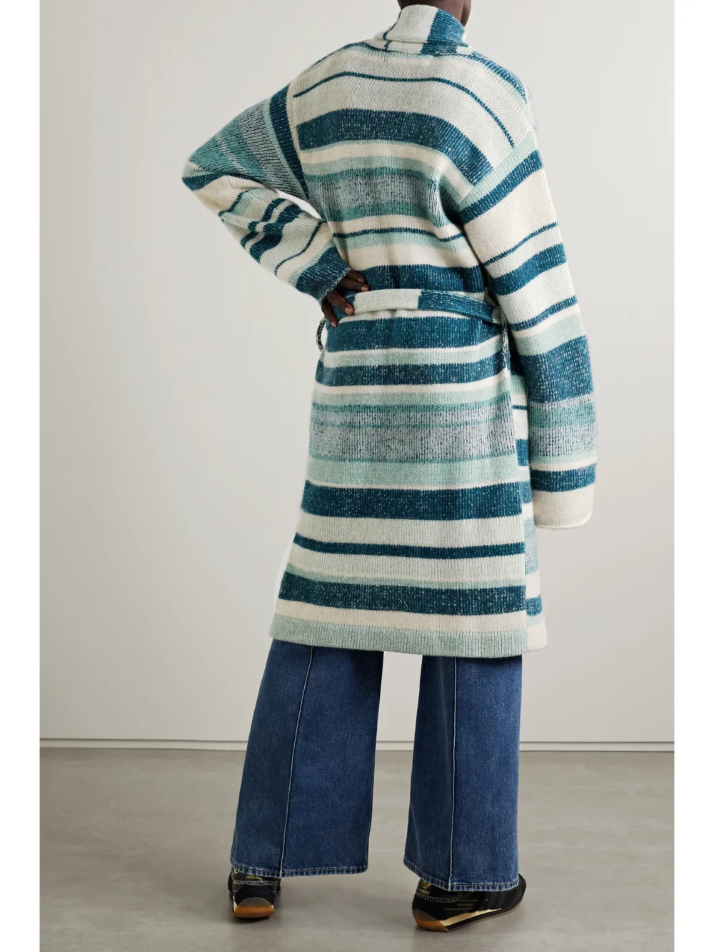 Back view of The Elder Statesman Belted Striped Cashmere Cardigan