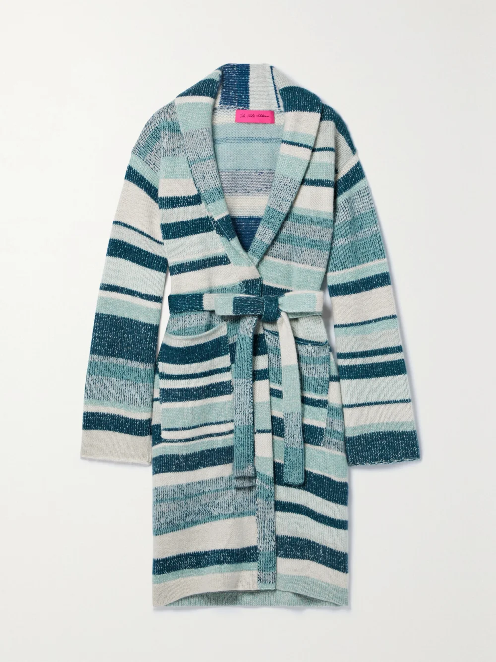 The Elder Statesman Belted Striped Cashmere Cardigan in blue