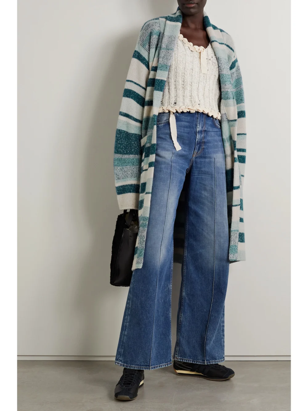 The Elder Statesman Belted Striped Cashmere Cardigan, worn by a model
