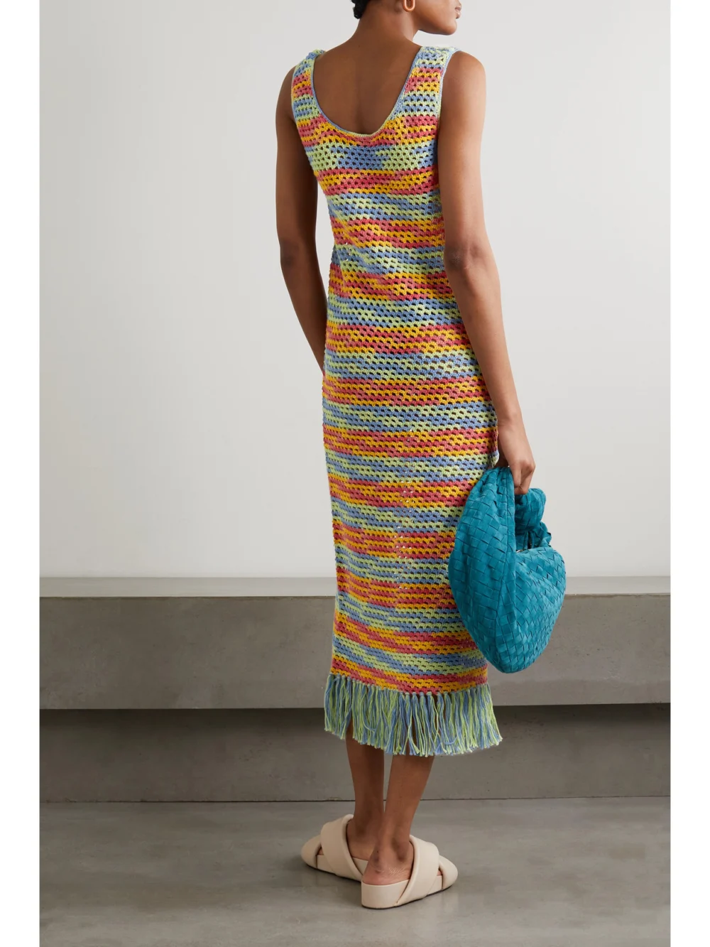 Back view of The Elder Statesman Bridle Fringed Crocheted Cotton Midi Dress