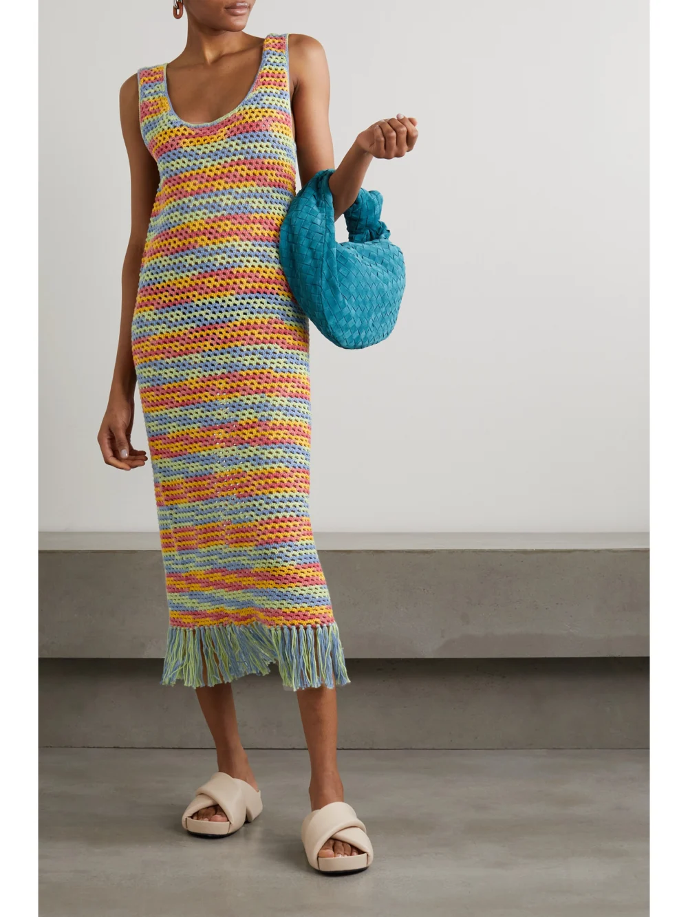 The Elder Statesman Bridle Fringed Crocheted Cotton Midi Dress, worn by a model