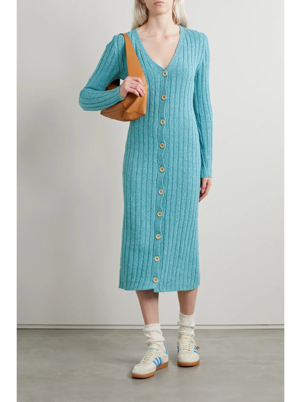 The Elder Statesman June Ribbed Cotton, Linen and Silk-blend Midi Dress, worn by a model