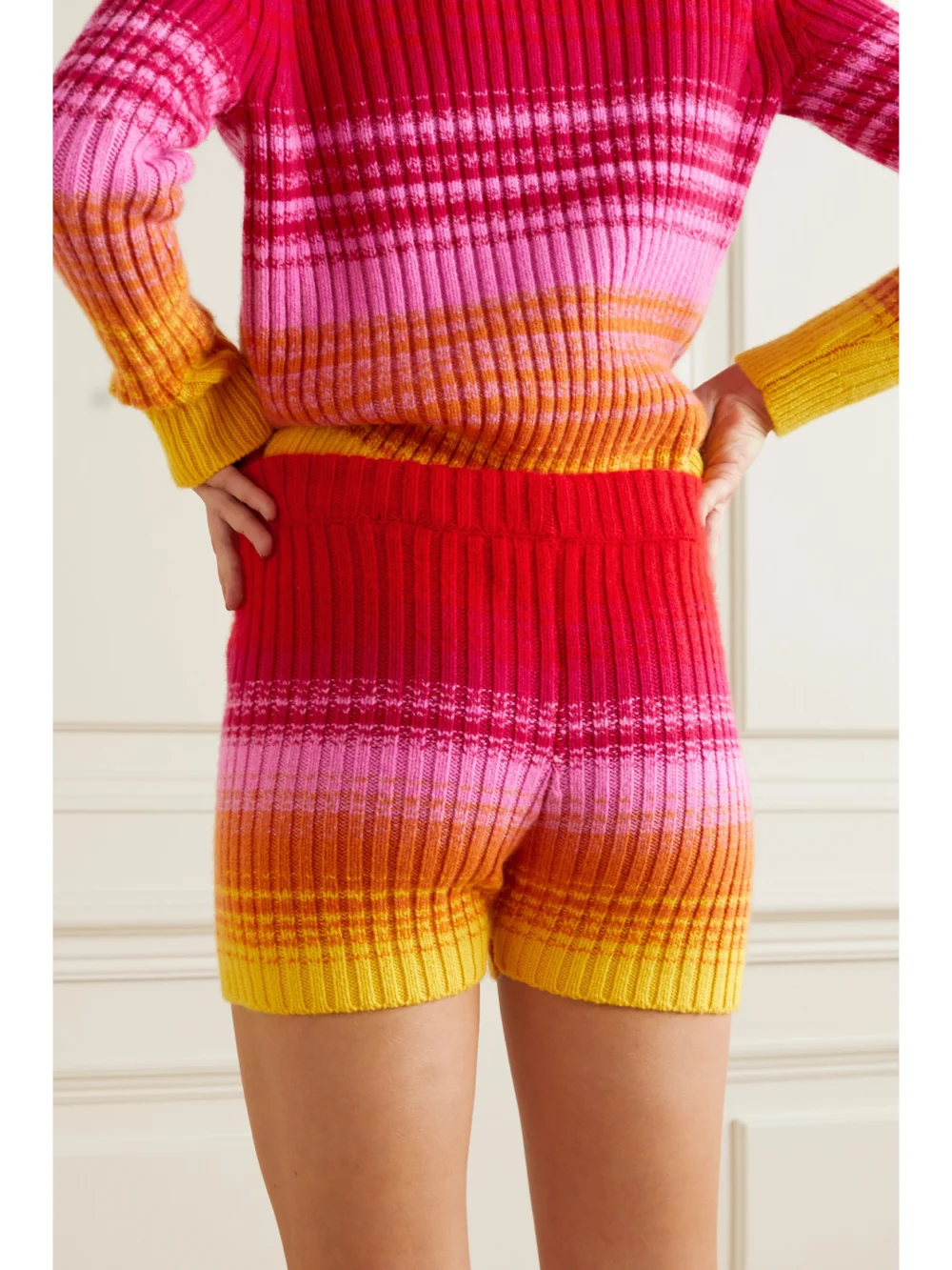 Back view of The Elder Statesman Morphe Striped Ribbed Cashmere Shorts