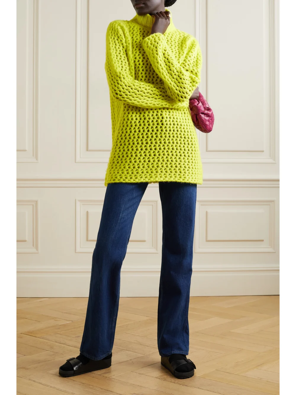 The Elder Statesman Open-knit Cashmere Turtleneck Sweater, worn by a model