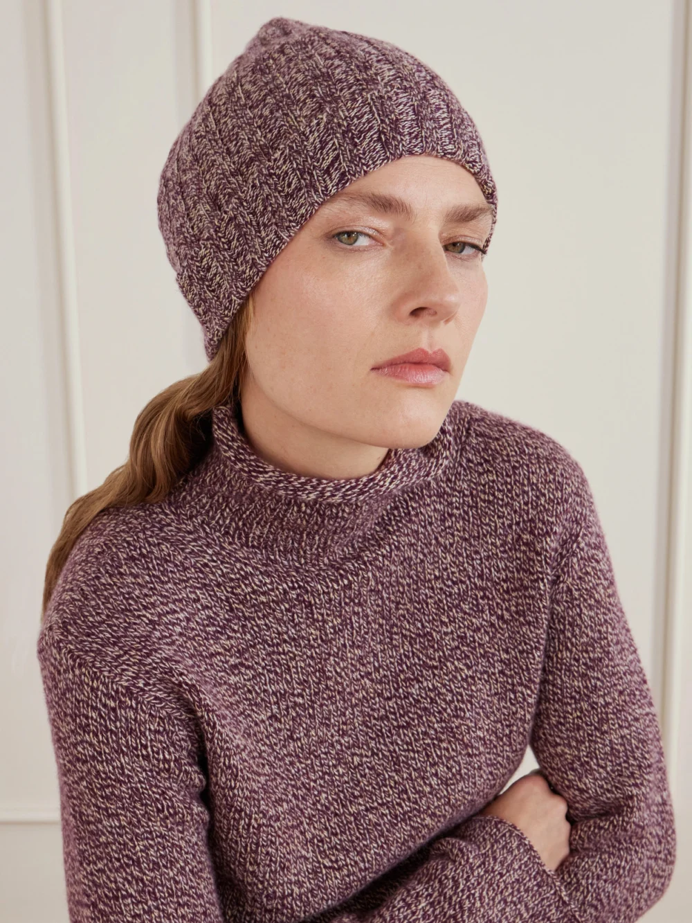 The Elder Statesman Pax Ribbed Cashmere Beanie, styled view