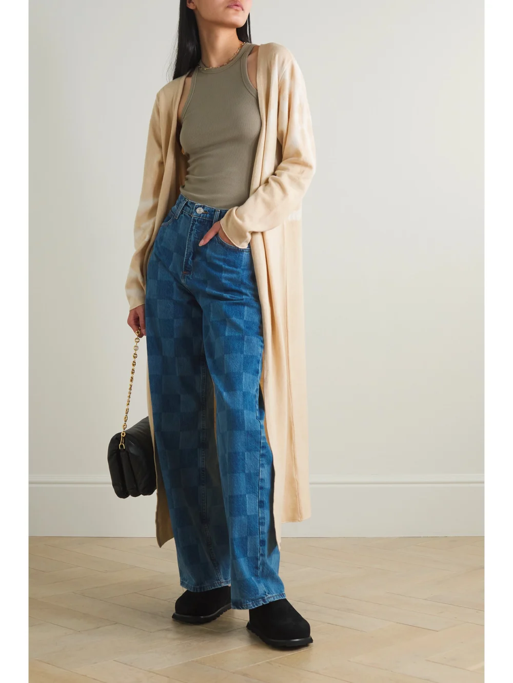 The Elder Statesman Spiral City Tie-dyed Merino Wool and Cashmere-blend Cardigan, worn by a model