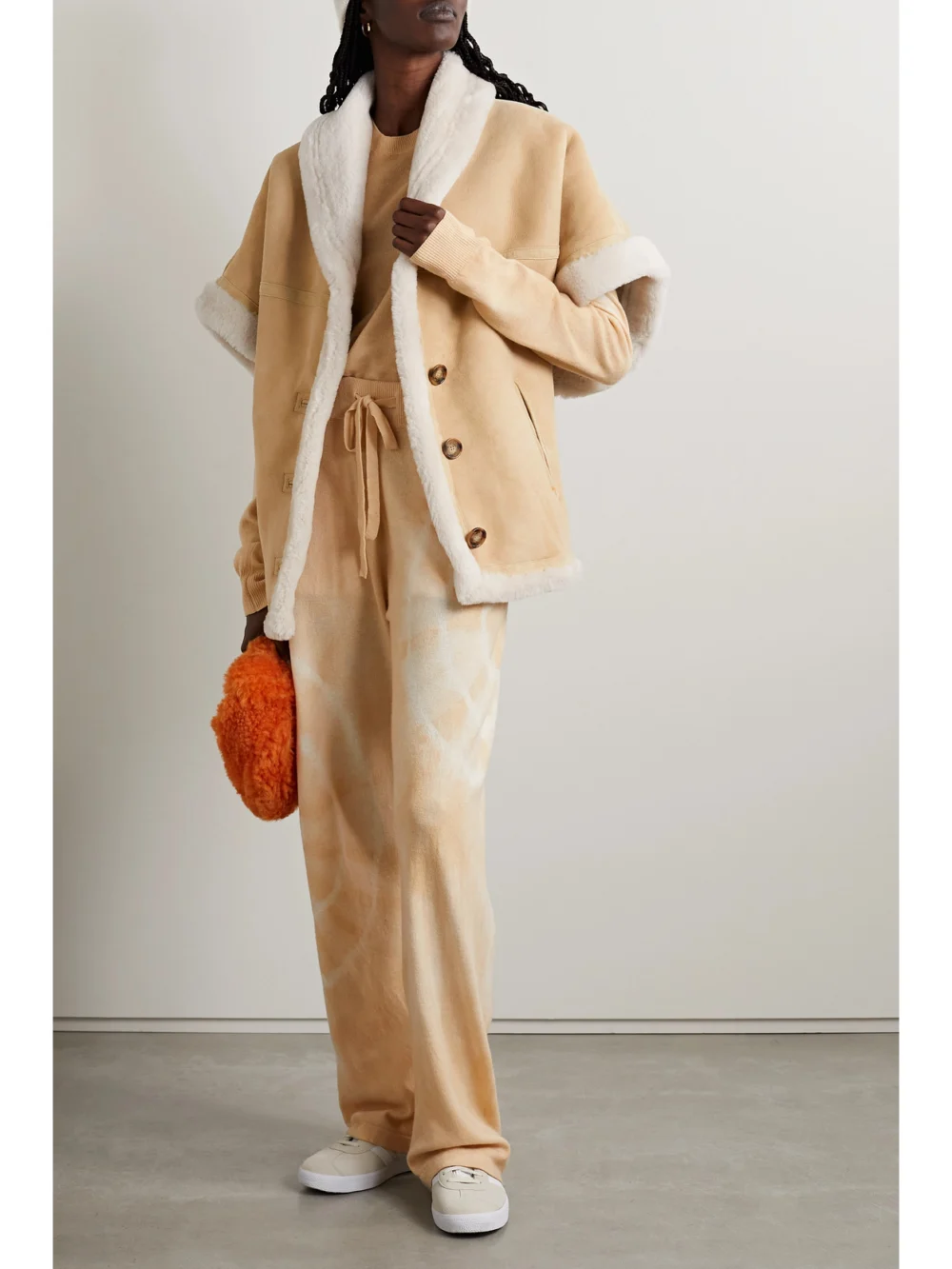 The Elder Statesman Spiral City Tie-dyed Wool and Cashmere-blend Sweater, worn by a model