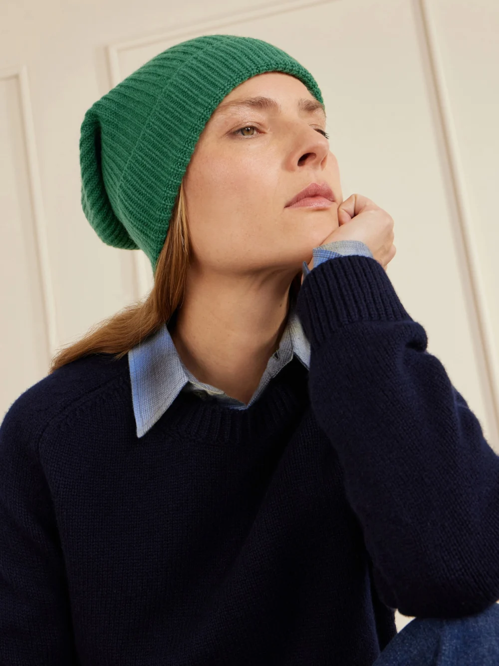 The Elder Statesman Statesman Ribbed Cashmere Beanie, styled view