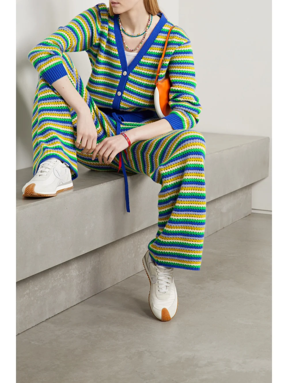 The Elder Statesman Striped Open-knit Cashmere Cardigan, worn by a model