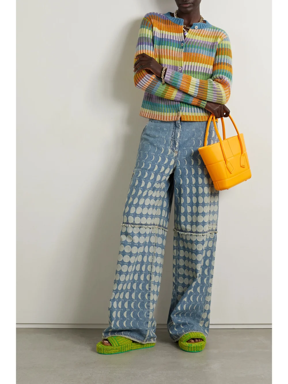 The Elder Statesman Striped Ribbed Cashmere Cardigan, worn by a model