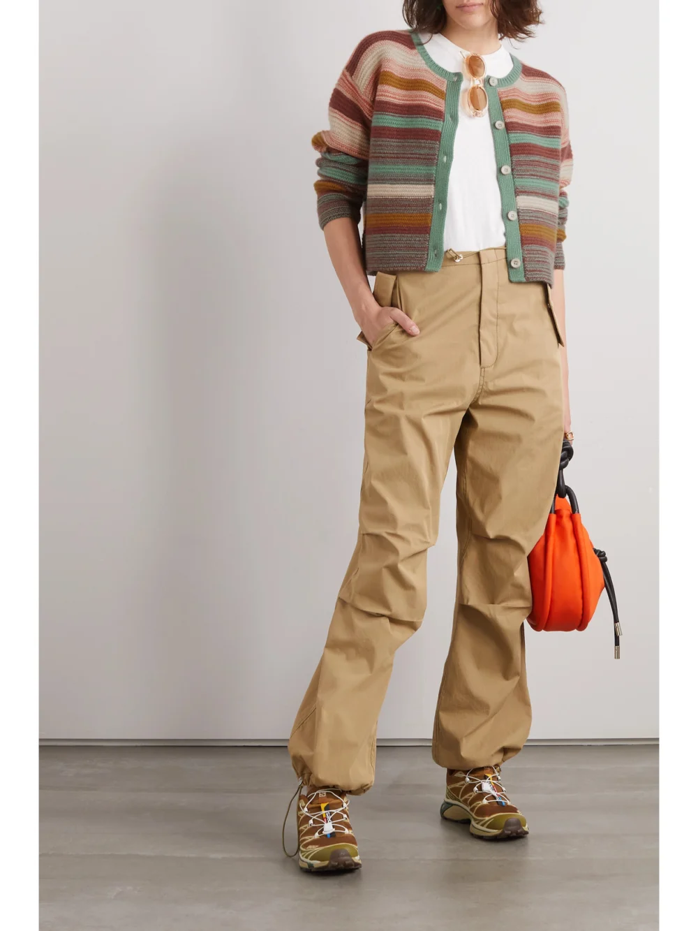 The Elder Statesman Sundry Cropped Striped Cashmere Cardigan, worn by a model