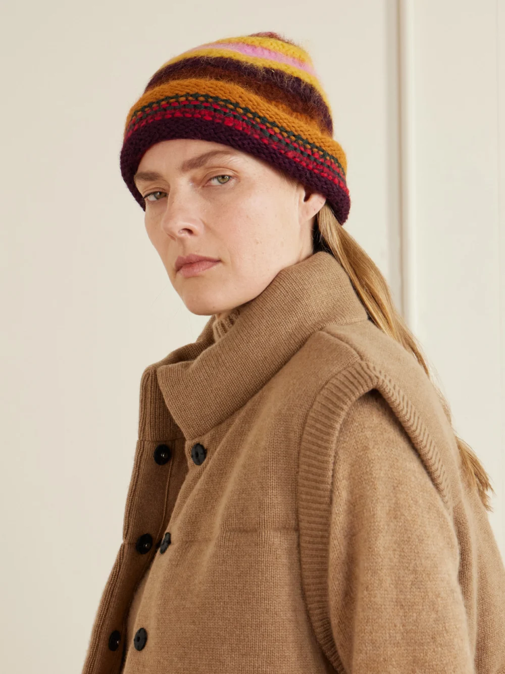 The Elder Statesman Thistle Pacific Striped Alpaca-blend Beanie, styled view