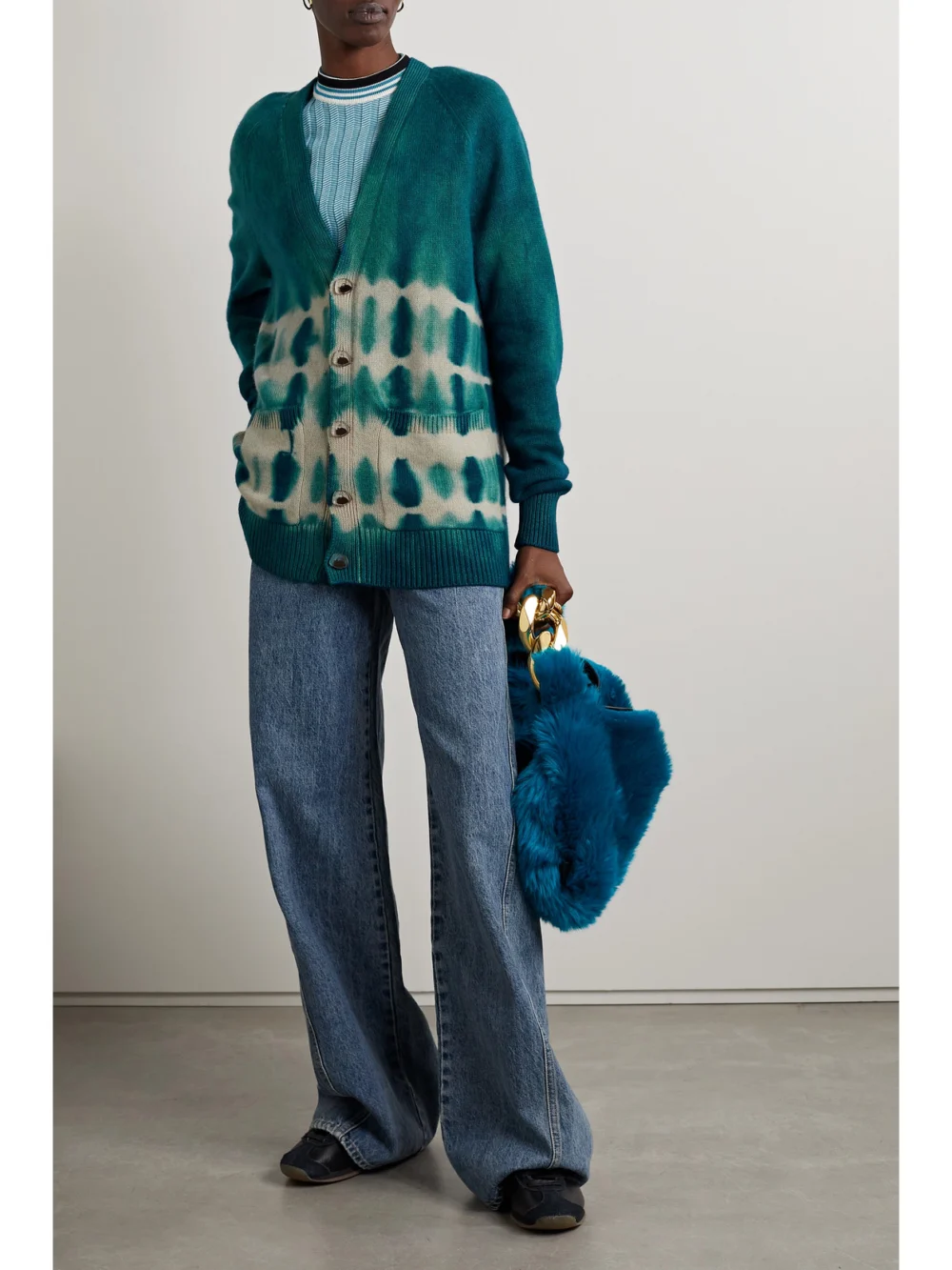 The Elder Statesman Vision Tie-dyed Cashmere Cardigan, worn by a model