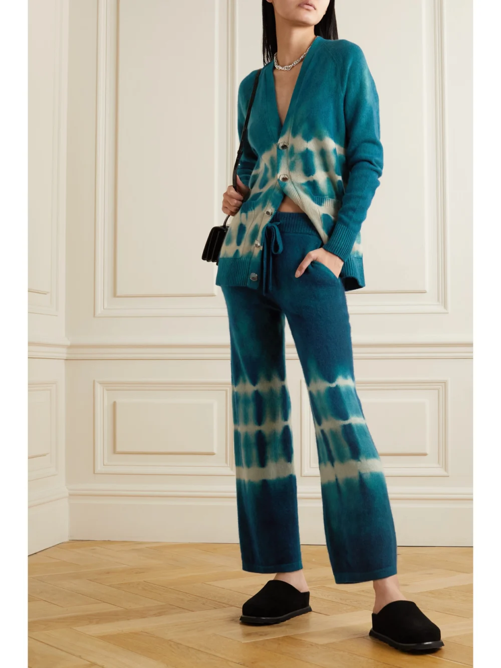 The Elder Statesman Vision Tie-dyed Cashmere Wide-leg Pants, worn by a model