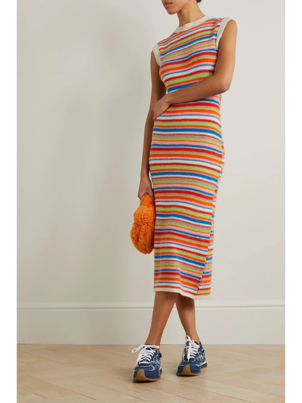 The Elder Statesman Vista Striped Cashmere Maxi Dress, worn by a model