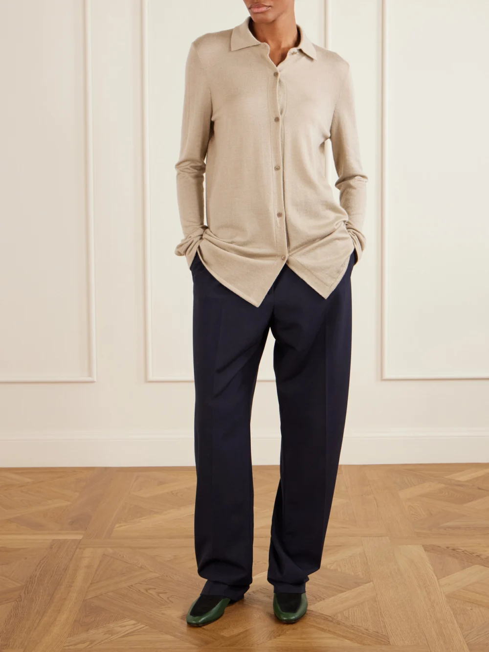 The Row Adam Suede-trimmed Glossed-leather Penny Loafers, styled view