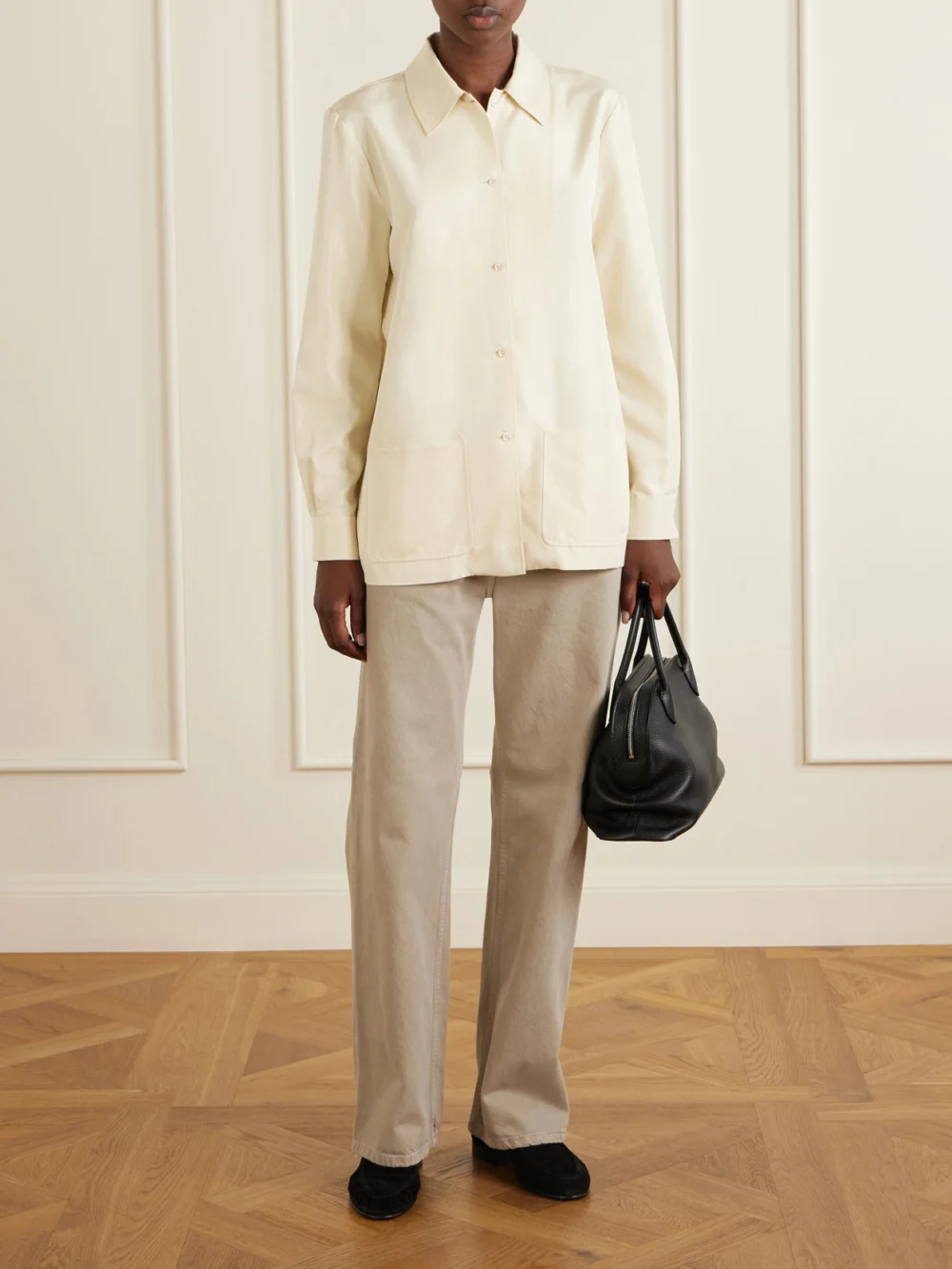 Side view of The Row Agnes 12 Leather Shoulder Bag