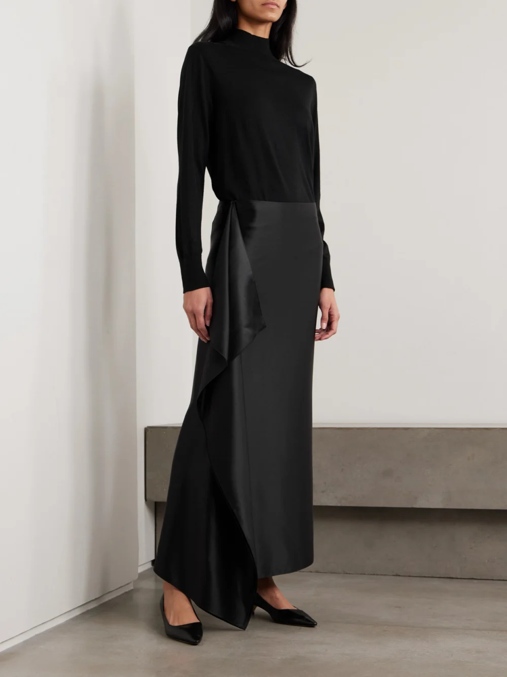 The Row Athalia Draped Duchesse Silk-satin Midi Skirt, worn by a model