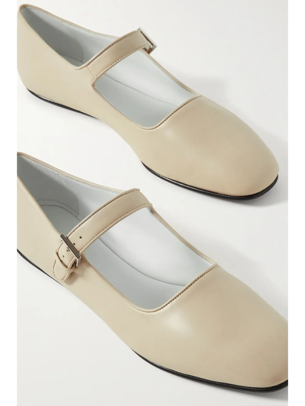 Close-up detail of The Row Ava Leather Mary Jane Ballet Flats