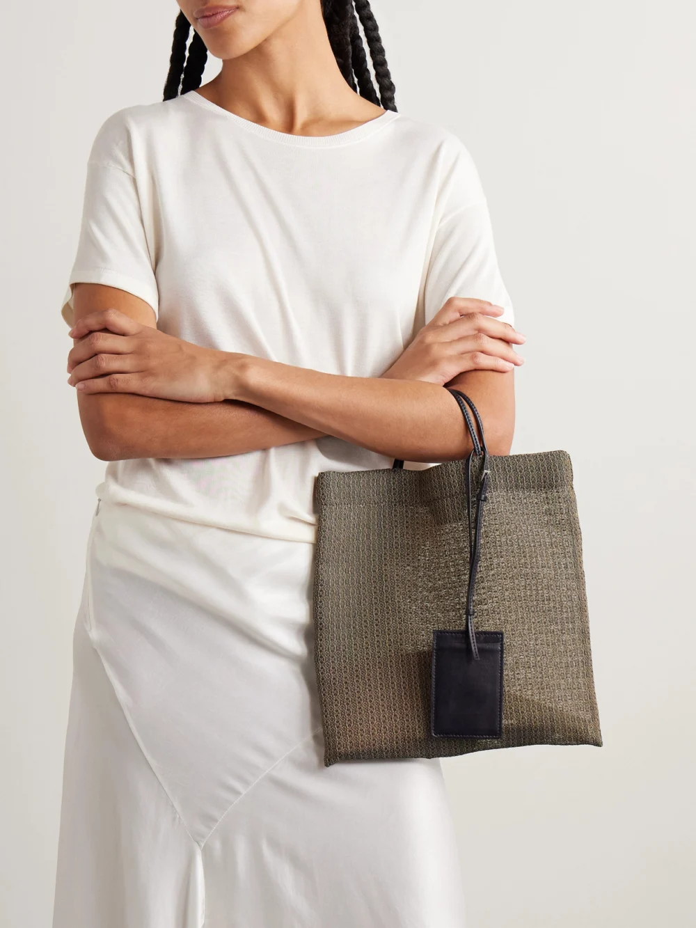 The Row Barn Mini Leather-trimmed Mesh Tote, styled view