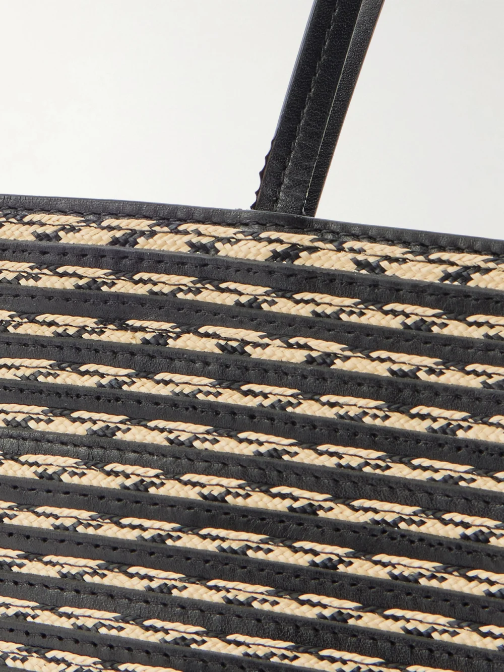 Close-up detail of The Row Beau Large Leather and Raffia Tote