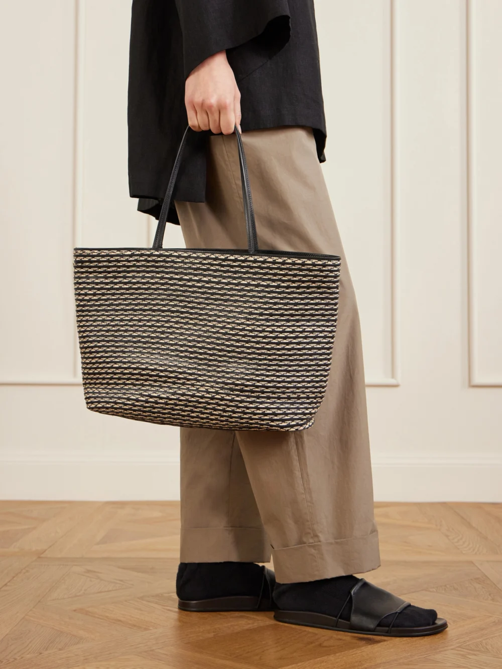 The Row Beau Large Leather and Raffia Tote, styled view