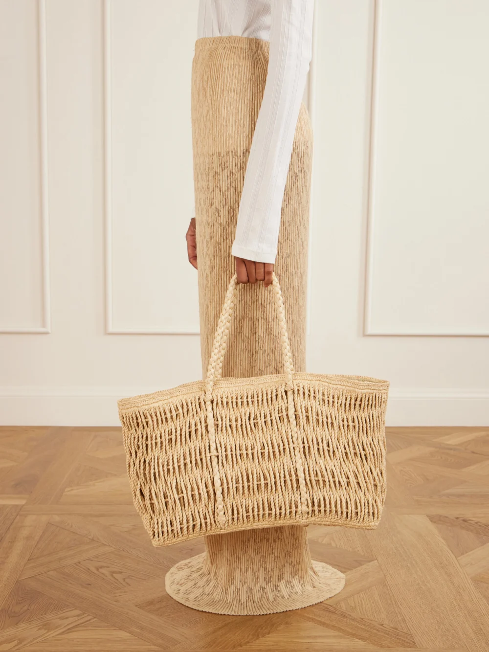 The Row Georgica Leather-trimmed Raffia Tote, styled view