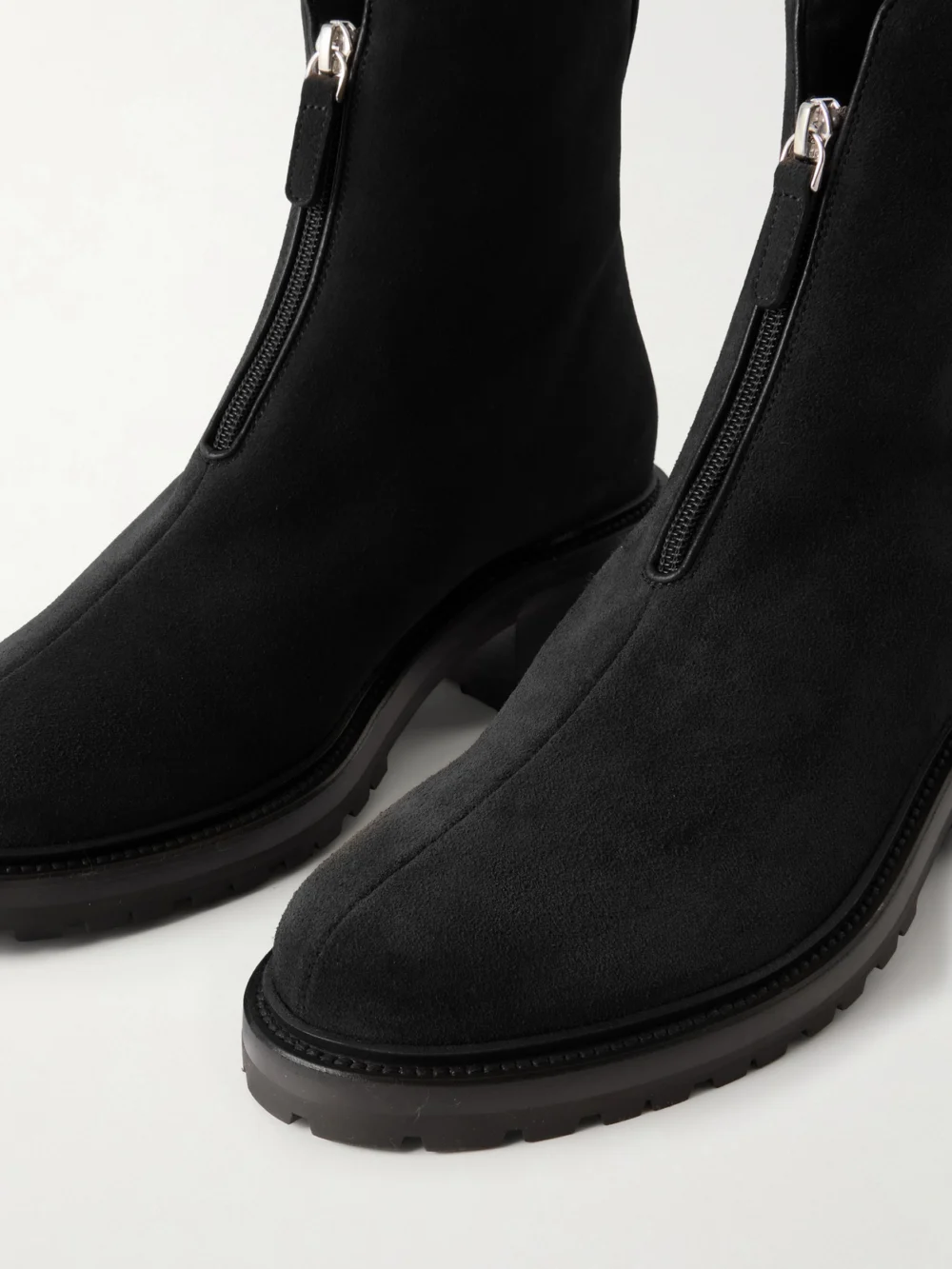 Close-up detail of The Row Hike Suede Ankle Boots