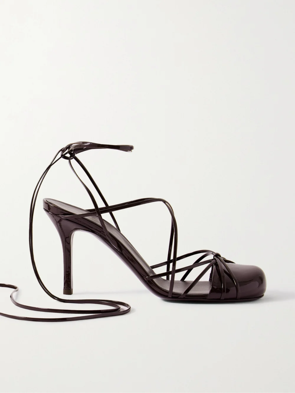 The Row Joan Lace-up Patent-leather Sandals in dark brown