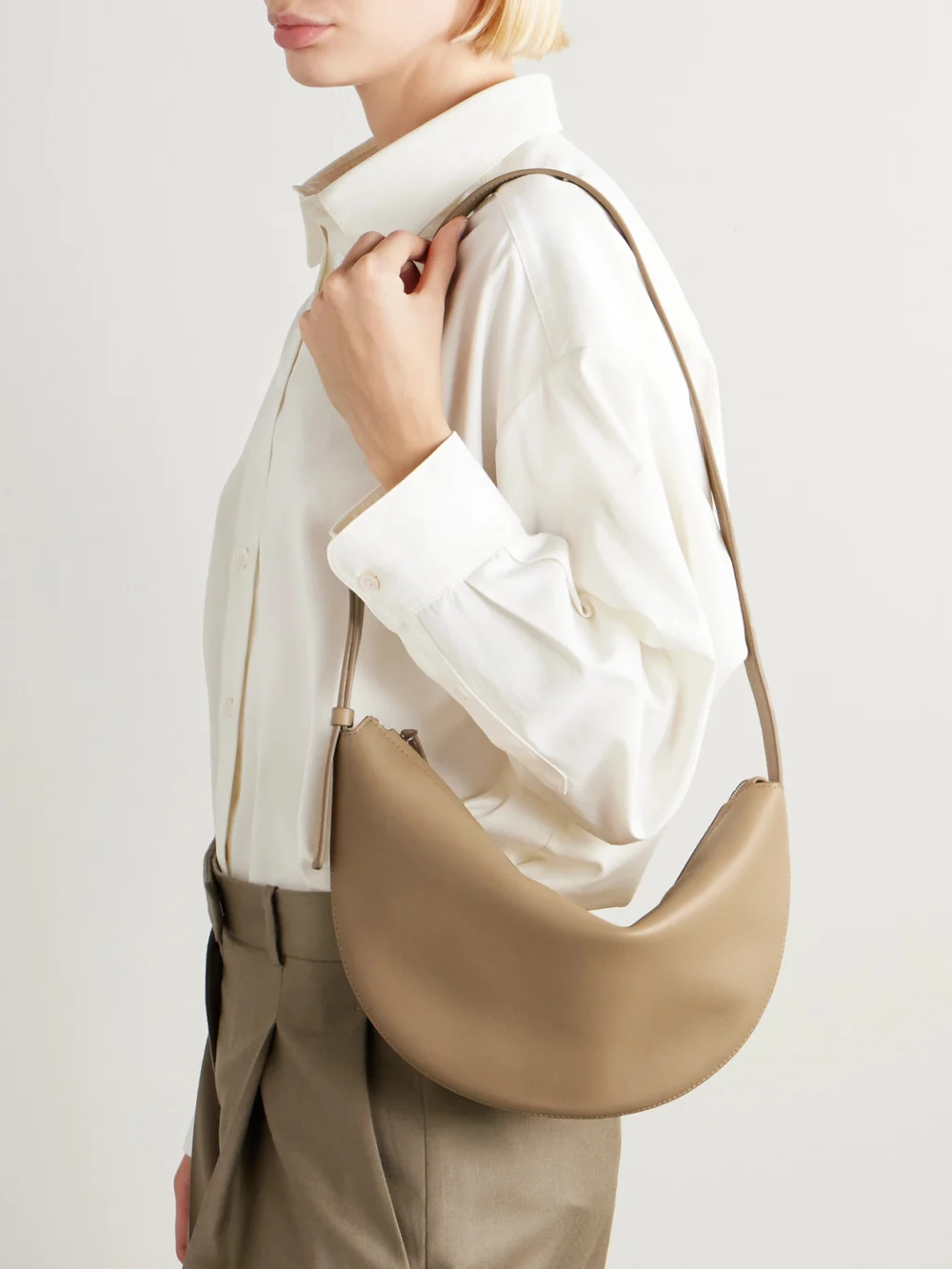 The Row Jouvette Leather Shoulder Bag, styled view
