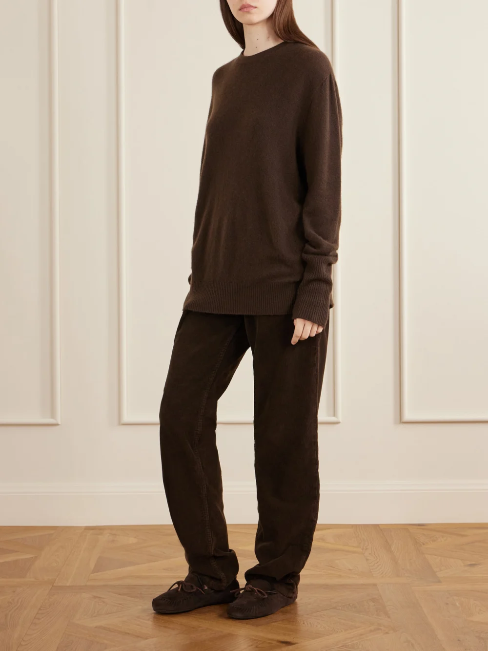 The Row Lucca Bow-detailed Shearling-lined Suede Loafers, styled view