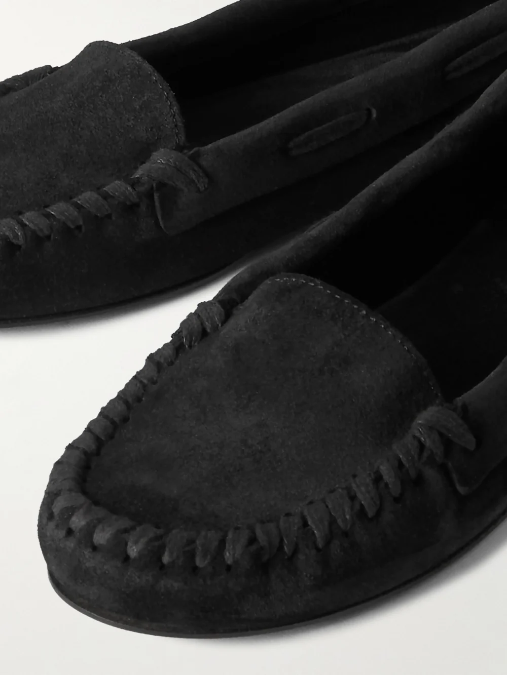 Close-up detail of The Row Mabel Suede Loafers