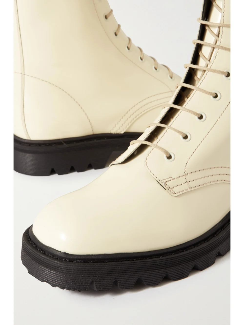 Close-up detail of The Row Ranger Lace-up Leather Ankle Boots