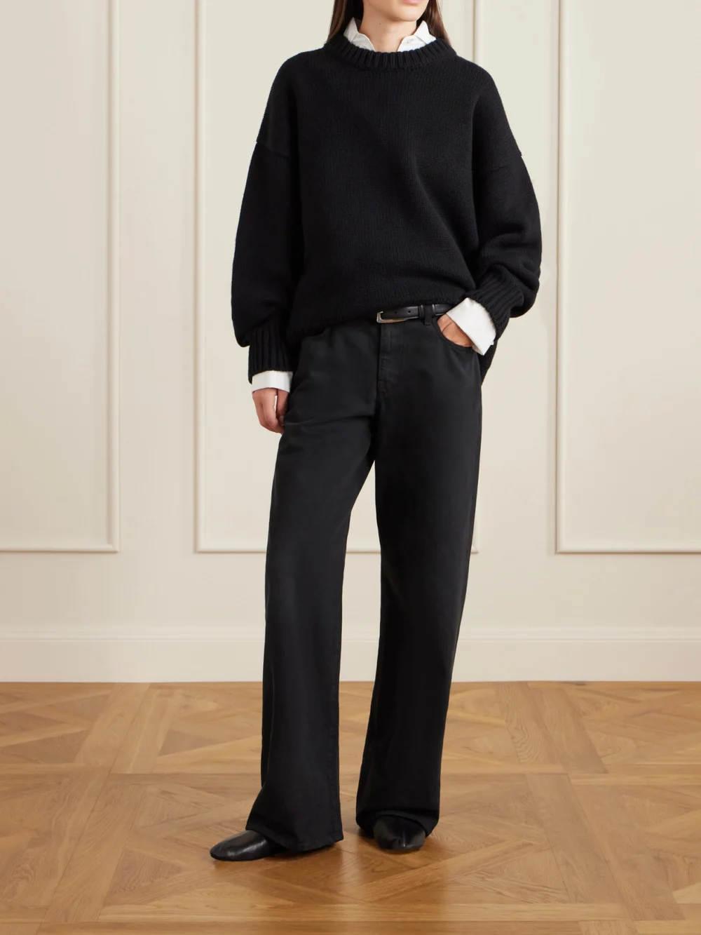 The Row Stella Leather and Shearling Ankle Boots, styled view
