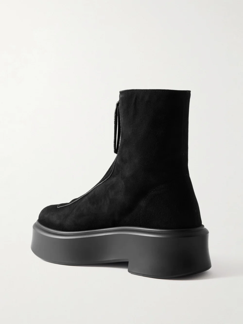 Back view of The Row The Zipped Suede Platform Ankle Boots
