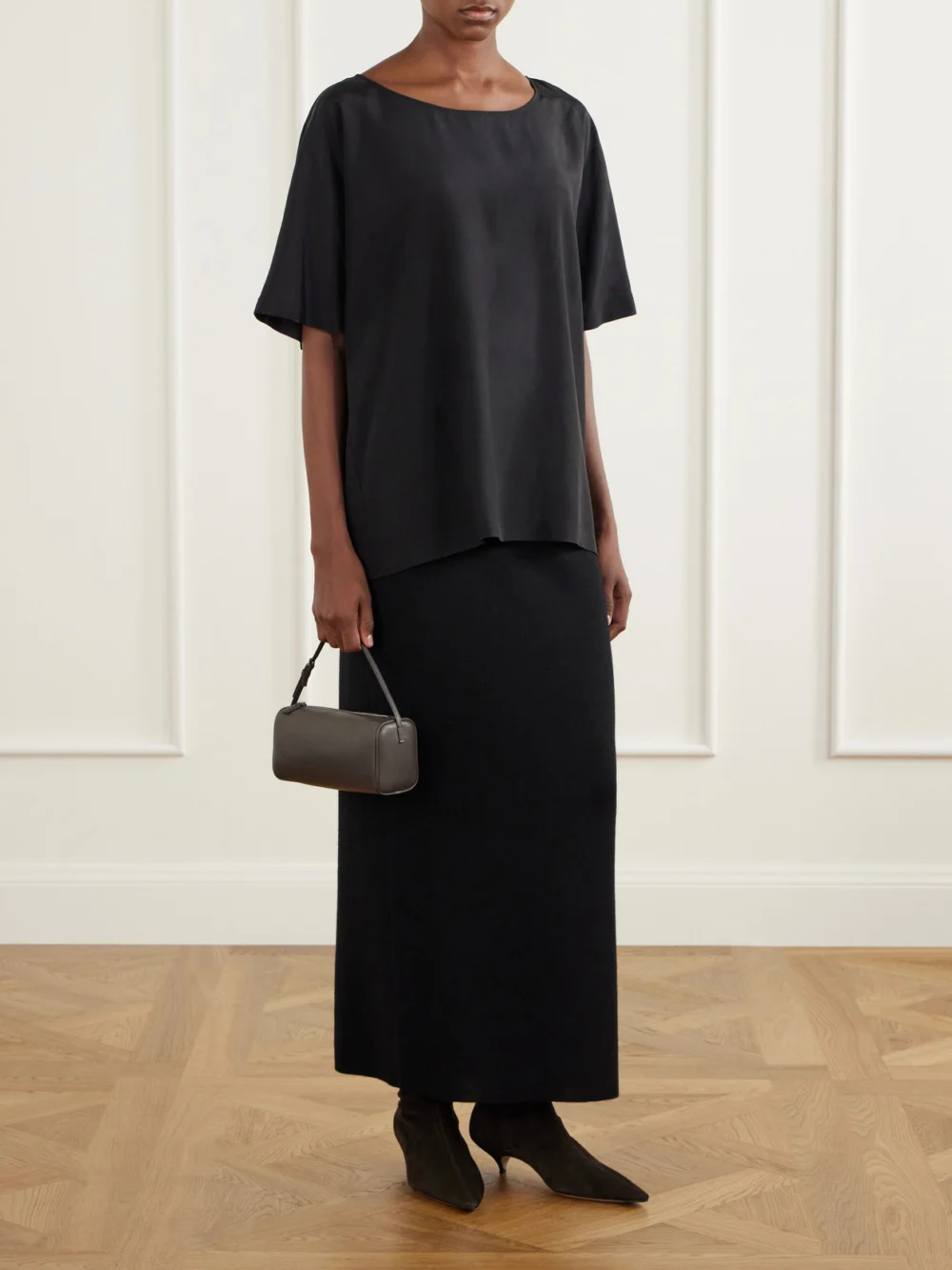 The Row Uxor Suede Ankle Boots, styled view