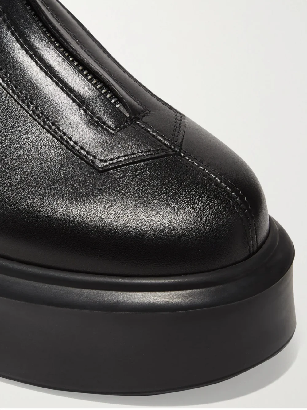 Close-up detail of The Row Zipped Leather Ankle Boots