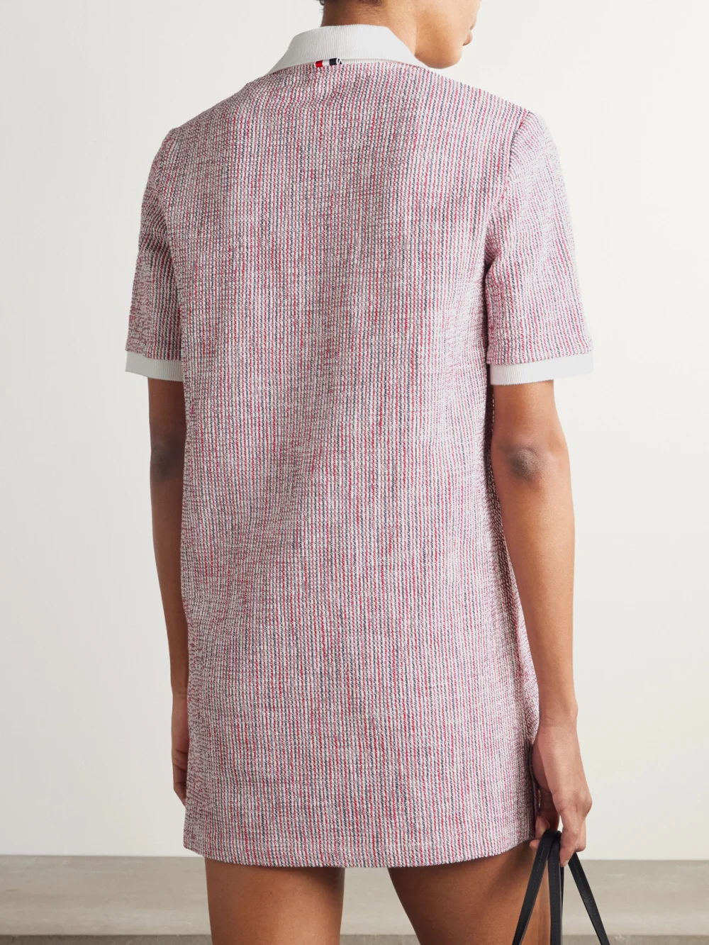 Back view of the Thom Browne Appliquéd Striped Cotton-blend Tweed Mini Dress