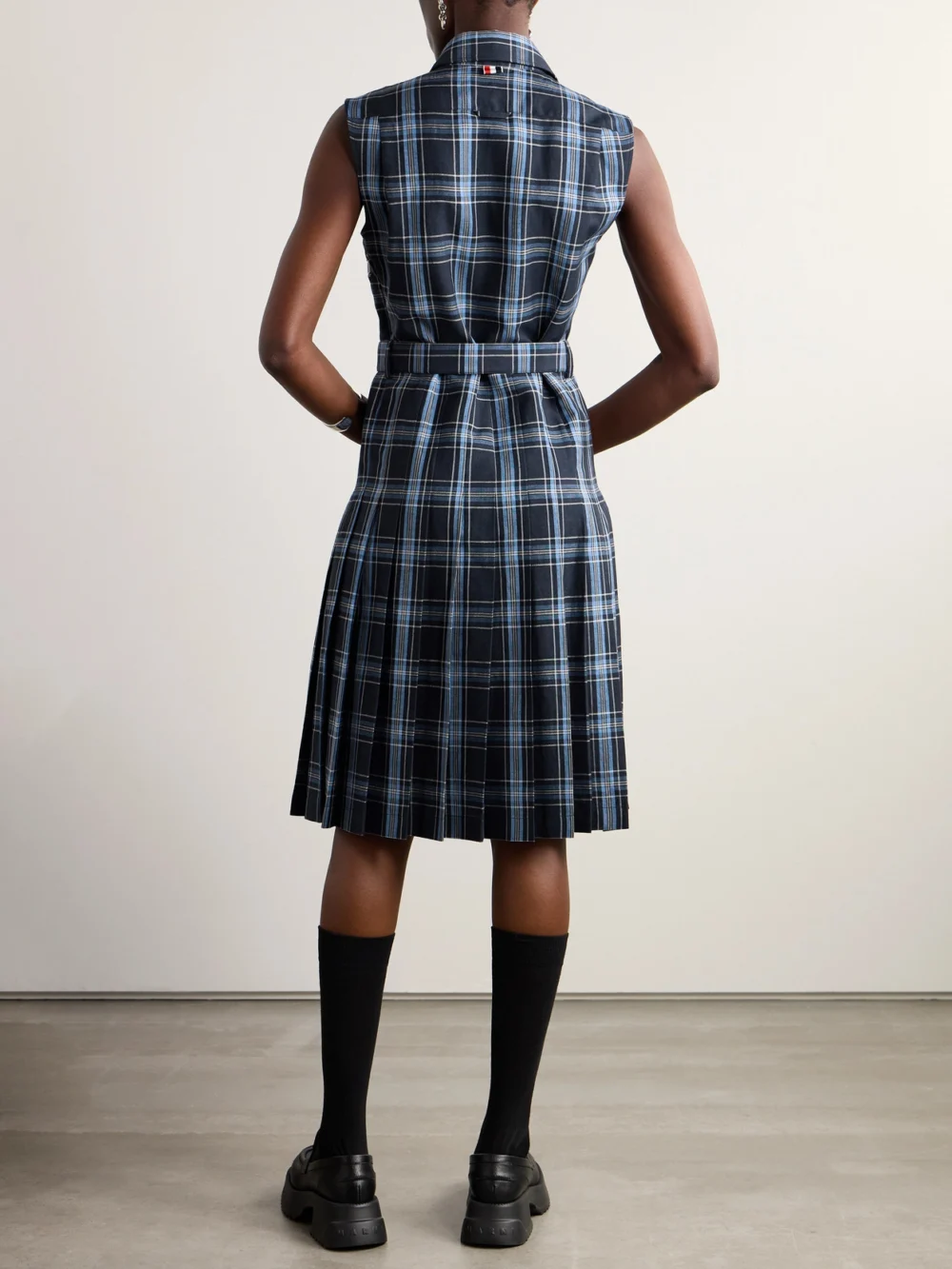 Back view of the Thom Browne Belted Checked Wool and Linen-blend Midi Dress