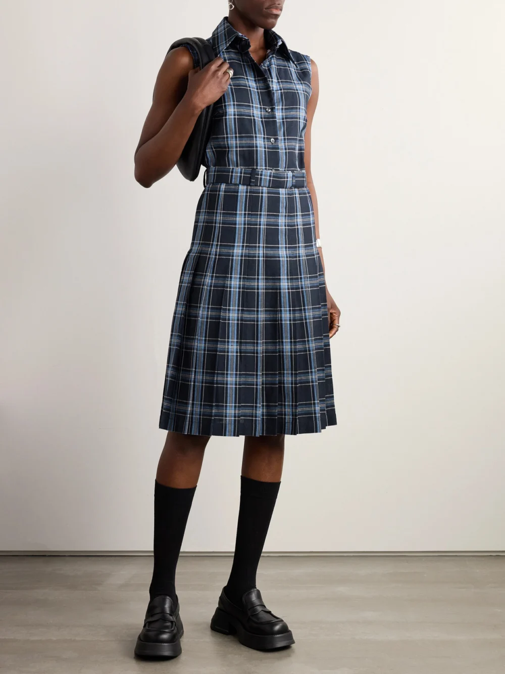 Thom Browne Belted Checked Wool and Linen-blend Midi Dress, worn by a model
