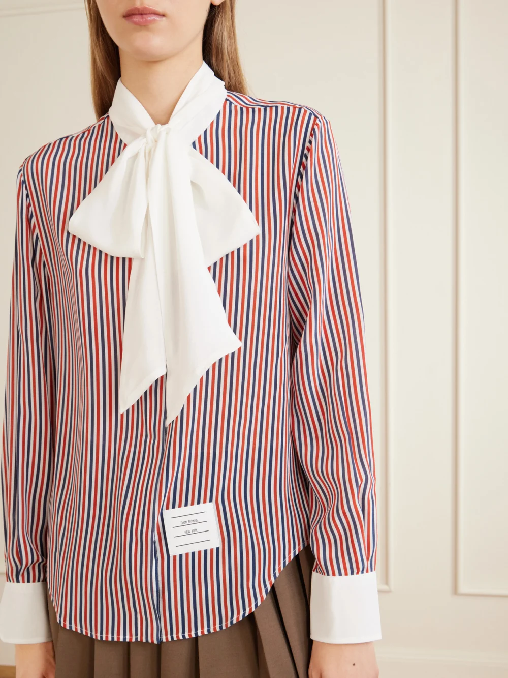 Close-up detail of the Thom Browne Bow-detailed Striped Silk Crepe De Chine Shirt
