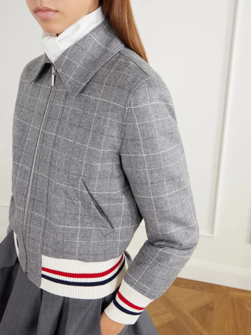 Close-up detail of the Thom Browne Cropped Padded Rib-trimmed Checked Wool-tweed Jacket