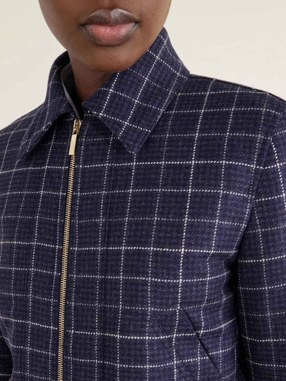 Close-up detail of the Thom Browne Cropped Padded Rib-trimmed Checked Wool-tweed Jacket
