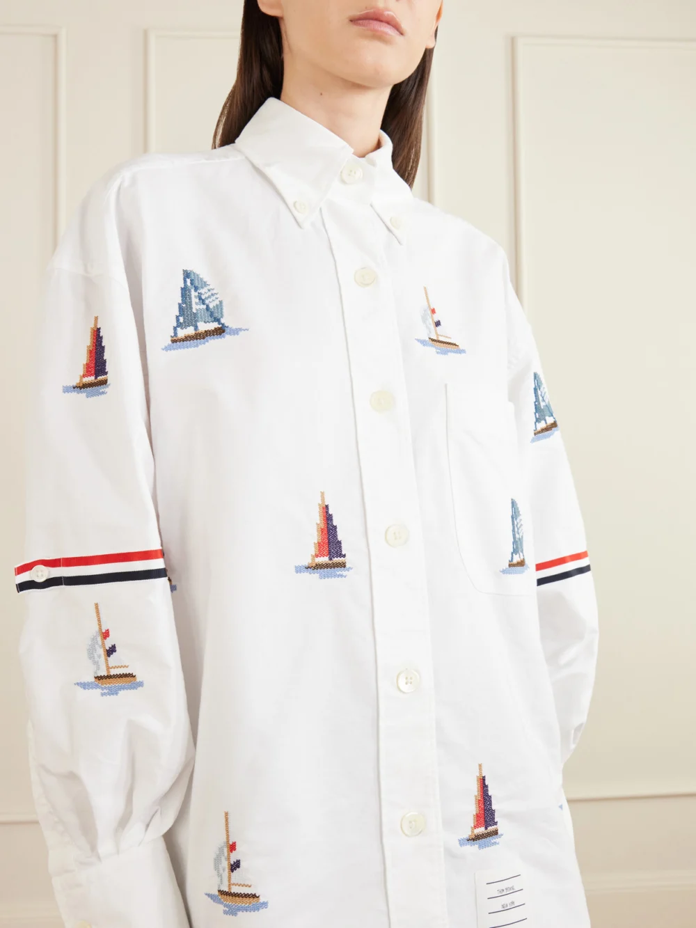 Close-up detail of the Thom Browne Embroidered Cotton Shirt