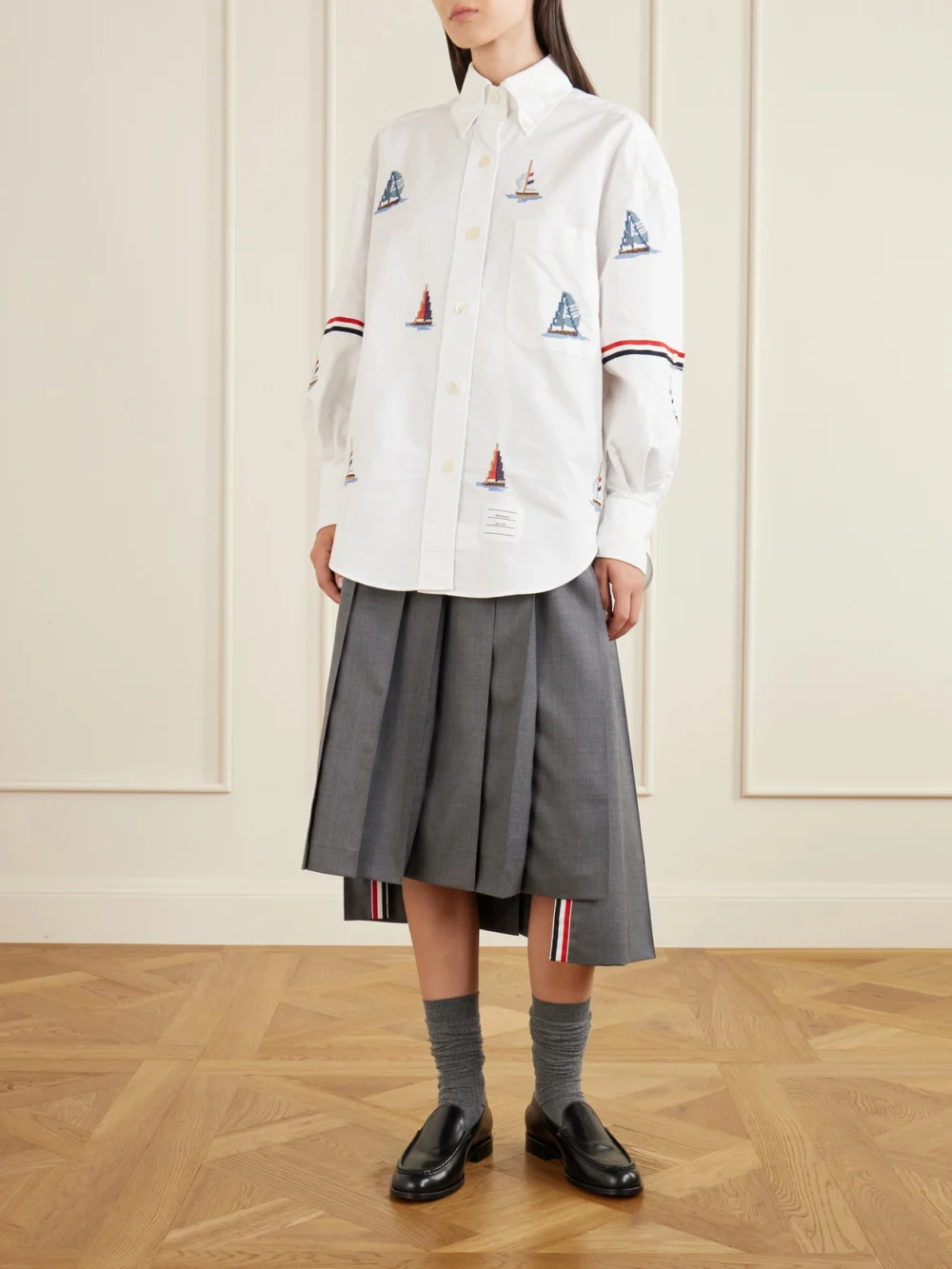 Thom Browne Embroidered Cotton Shirt, worn by a model