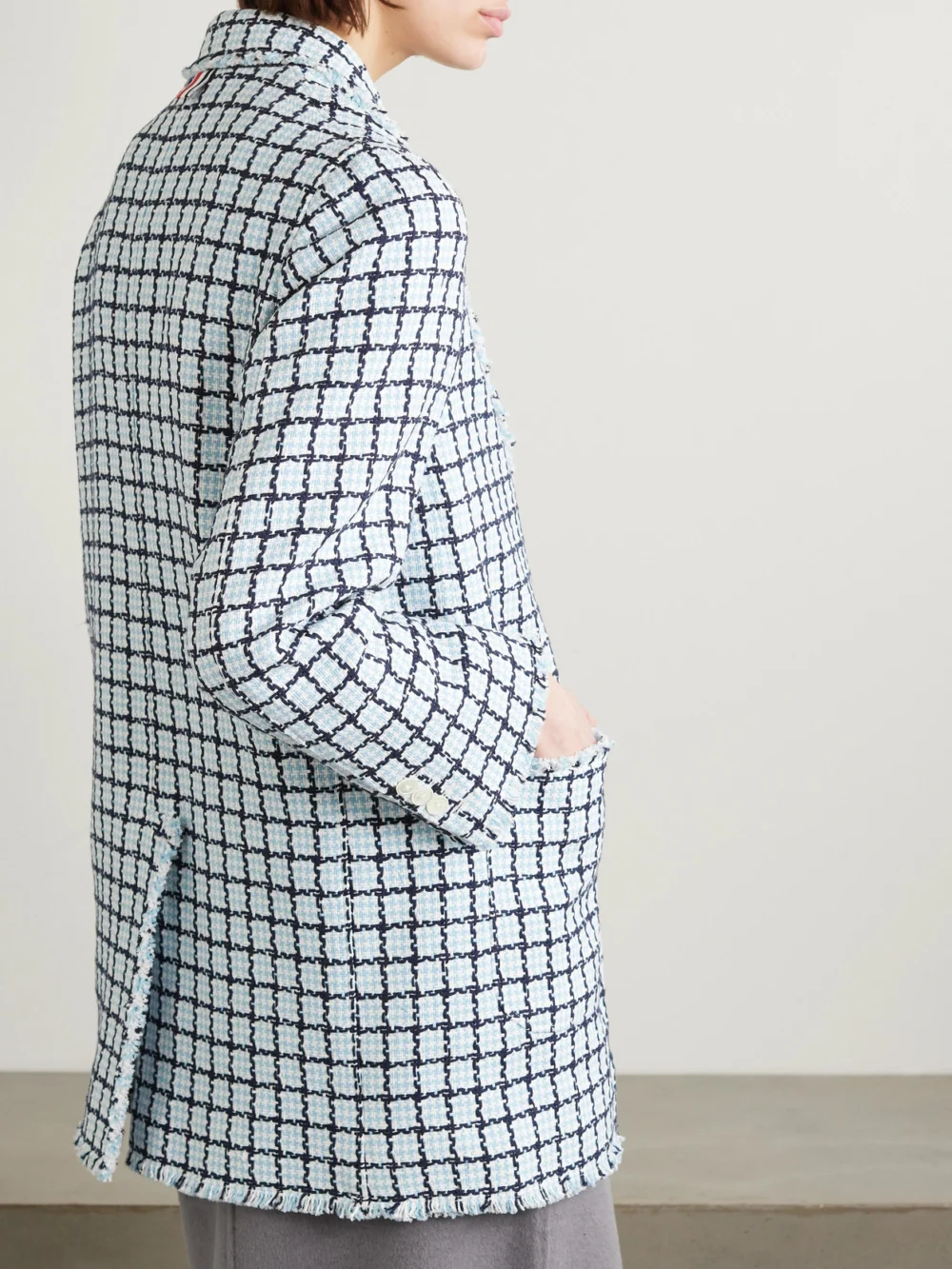 Back view of the Thom Browne Frayed Checked Cotton-tweed Blazer