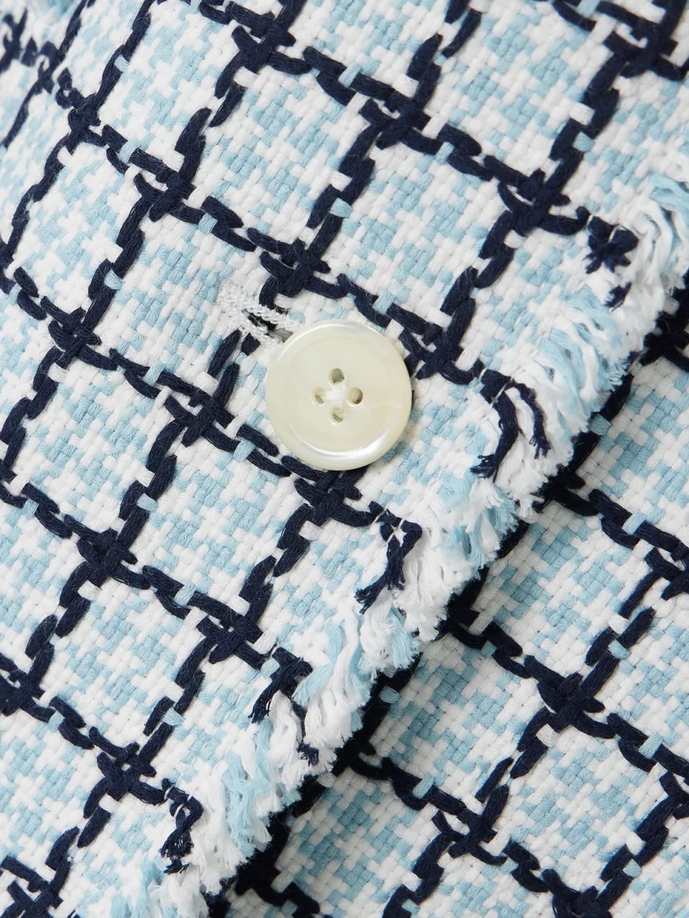 Close-up detail of the Thom Browne Frayed Checked Cotton-tweed Blazer
